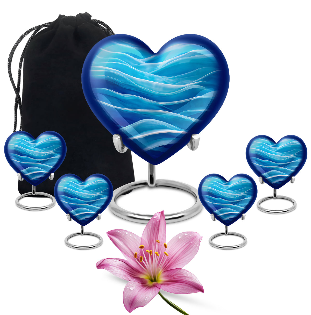 Slate Blue Blue Cremation Urn close-up of engraving and surface detail - loving heart memorial featuring blue pattern - memorial set with one large and four small urns
