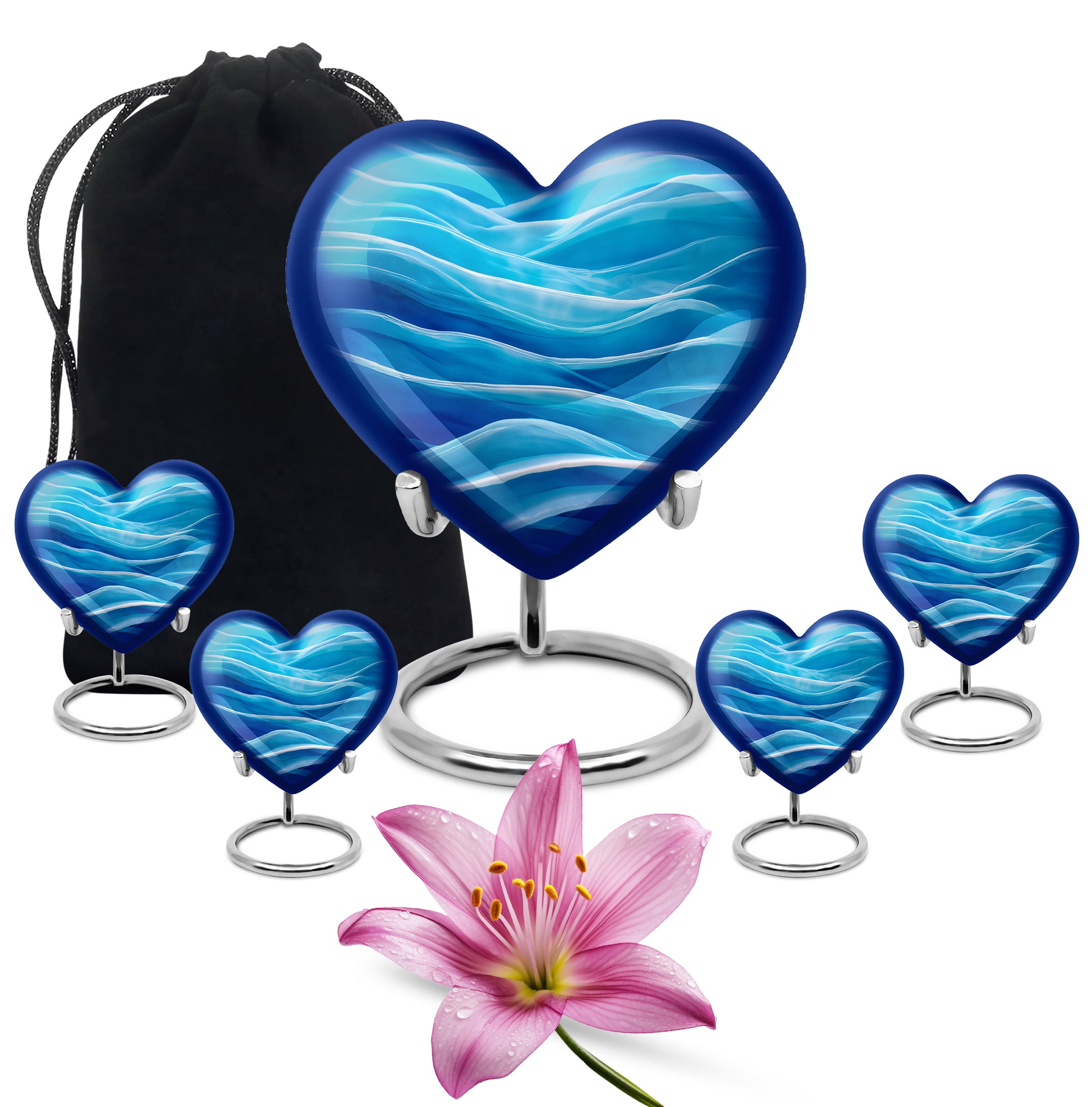 Slate Blue Blue Cremation Urn close-up of engraving and surface detail - loving heart memorial featuring blue pattern - memorial set with one large and four small urns