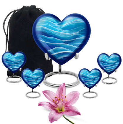 Slate Blue Blue Cremation Urn close-up of engraving and surface detail - loving heart memorial featuring blue pattern - memorial set with one large and four small urns
