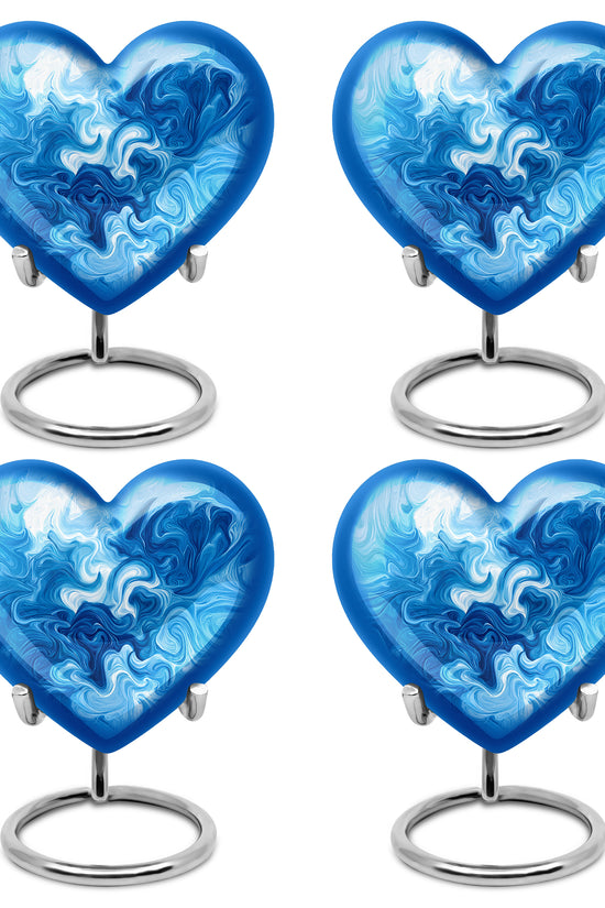 Navy Blue Blue Cremation Urn angled view of lid and engraved motif - heart-shaped blue design symbolizing eternal love - 10 inch aluminum urn for cremated remains