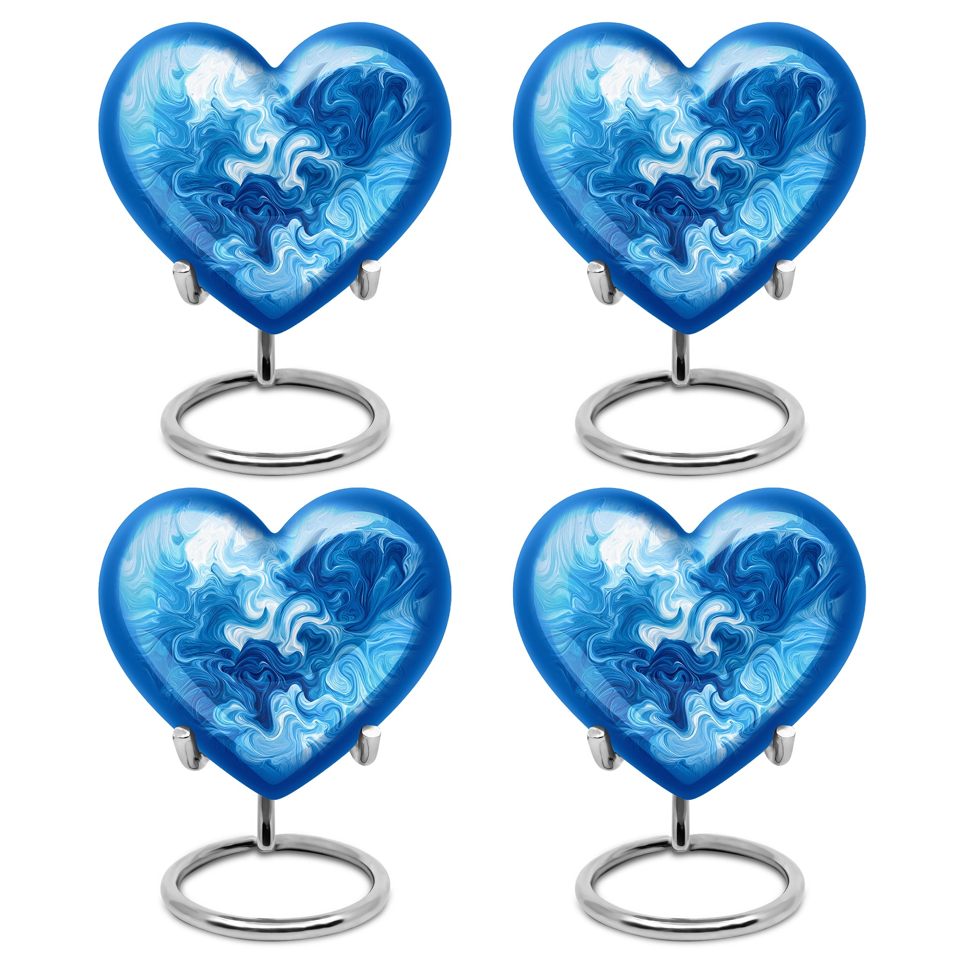 Navy Blue Blue Cremation Urn angled view of lid and engraved motif - heart-shaped blue design symbolizing eternal love - 10 inch aluminum urn for cremated remains