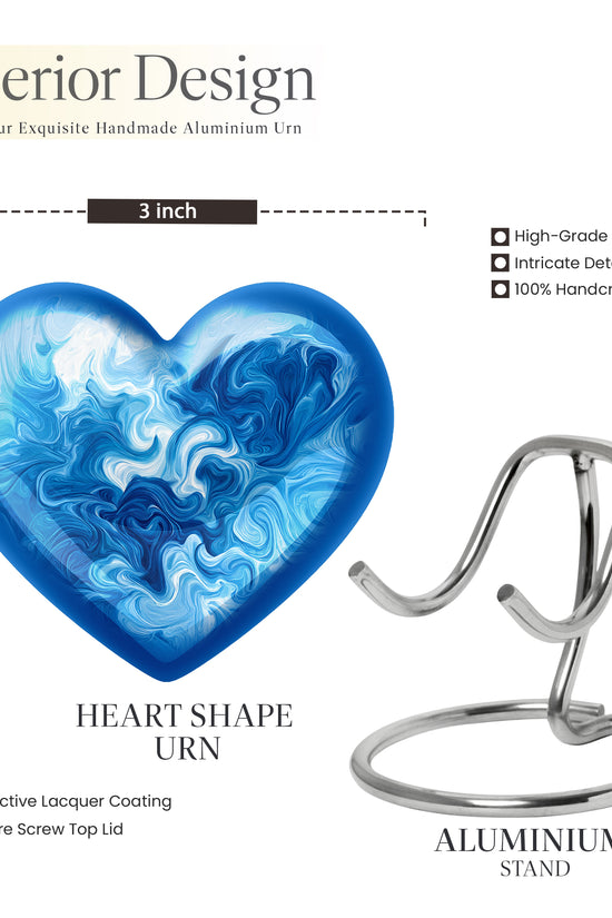 Sapphire Blue Blue Cremation Urn front view showing detailed design - romantic heart urn with blue motif on aluminum - mini keepsake memorial for portion of cremation ashes