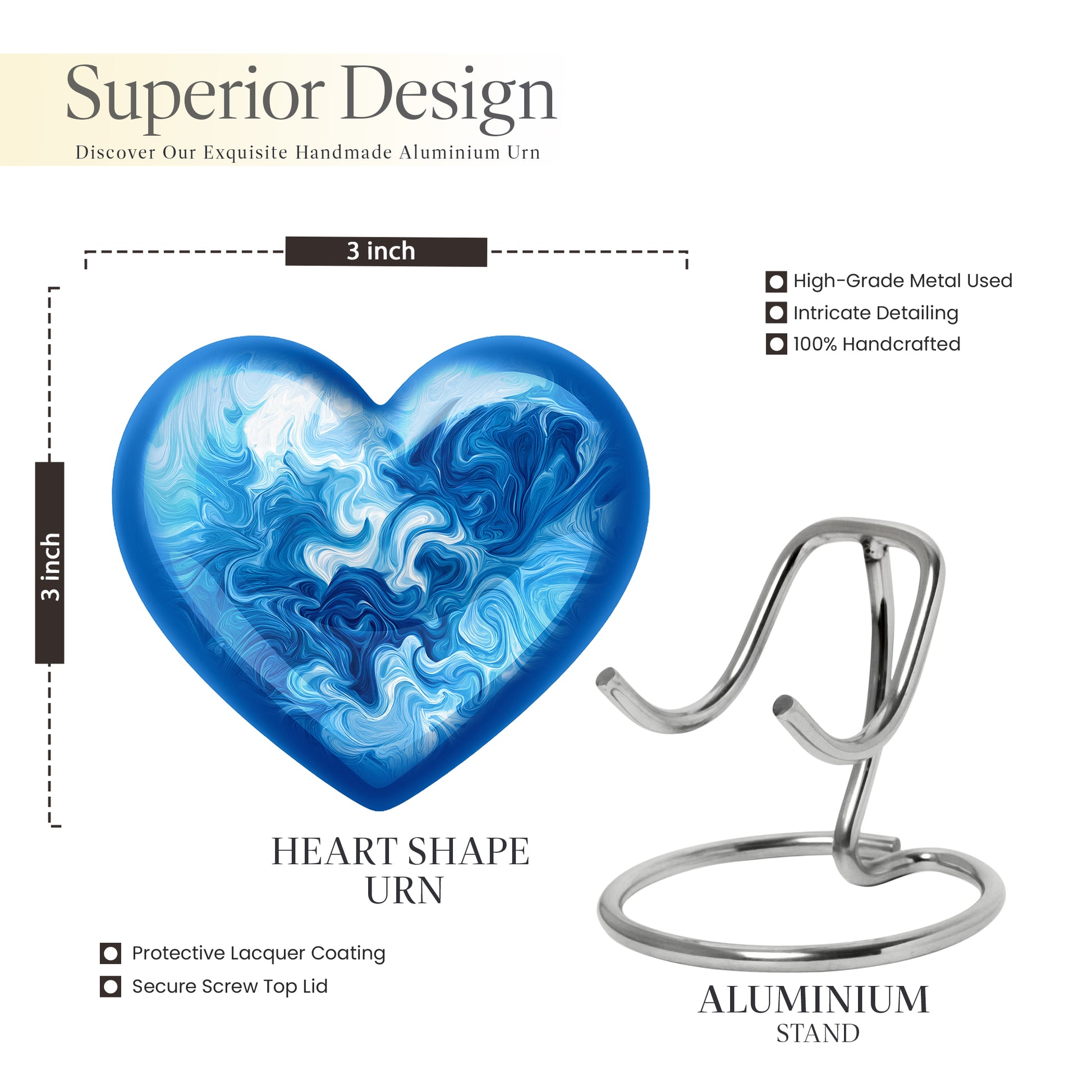 Sapphire Blue Blue Cremation Urn front view showing detailed design - romantic heart urn with blue motif on aluminum - mini keepsake memorial for portion of cremation ashes
