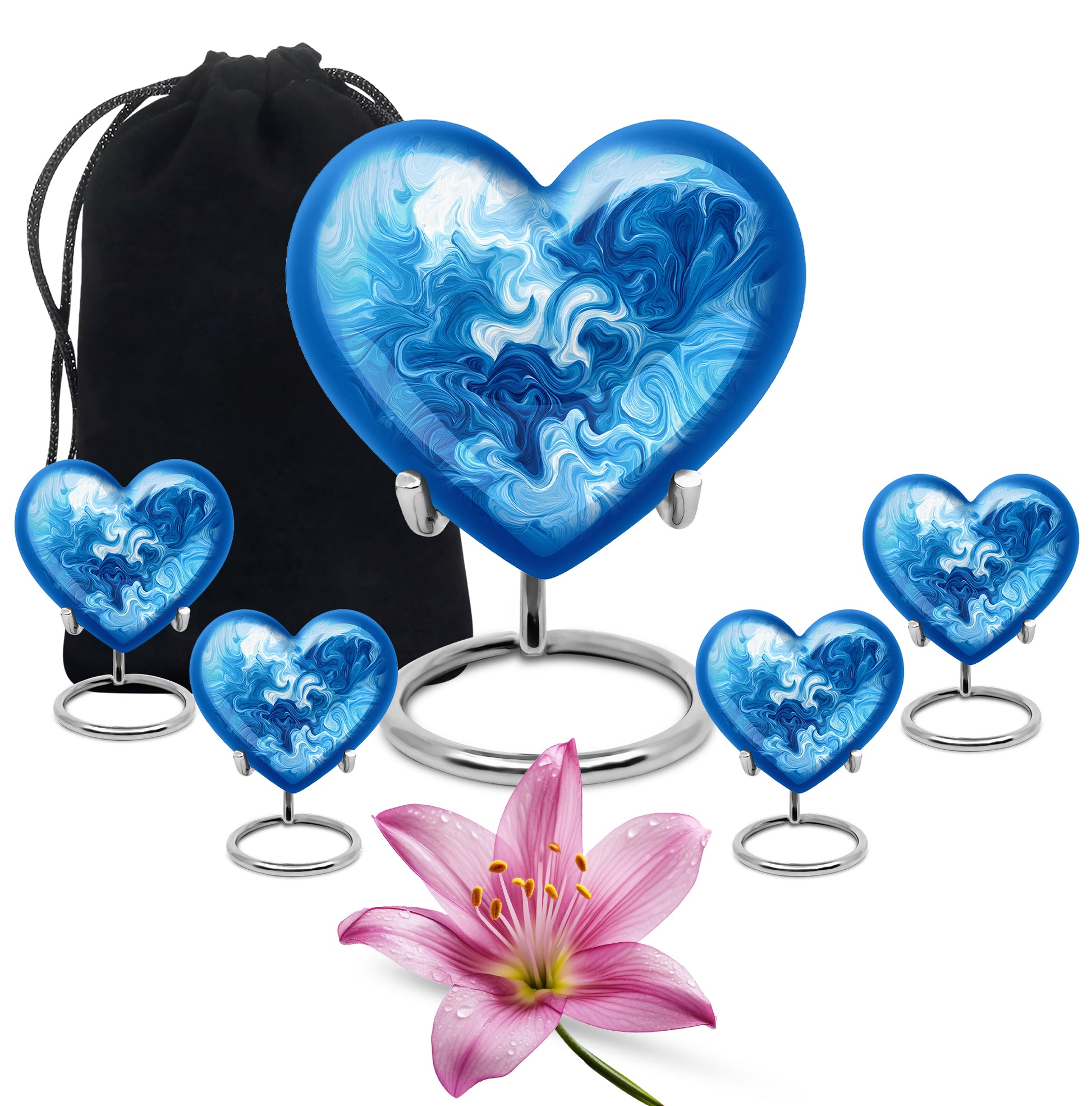 Dusty Blue Blue Cremation Urn close-up of engraving and surface detail - heart-shaped blue design symbolizing eternal love - memorial set with one large and four small urns