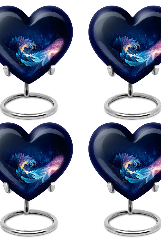 Steel Blue Blue Cremation Urn angled view of lid and engraved motif - compassionate heart-blue combination with gentle curves - 10 inch aluminum urn for cremated remains