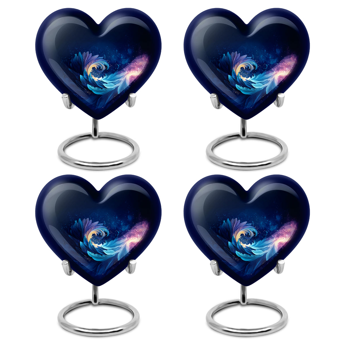 Steel Blue Blue Cremation Urn angled view of lid and engraved motif - compassionate heart-blue combination with gentle curves - 10 inch aluminum urn for cremated remains