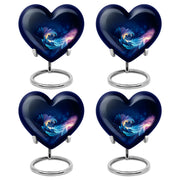 Steel Blue Blue Cremation Urn angled view of lid and engraved motif - compassionate heart-blue combination with gentle curves - 10 inch aluminum urn for cremated remains
