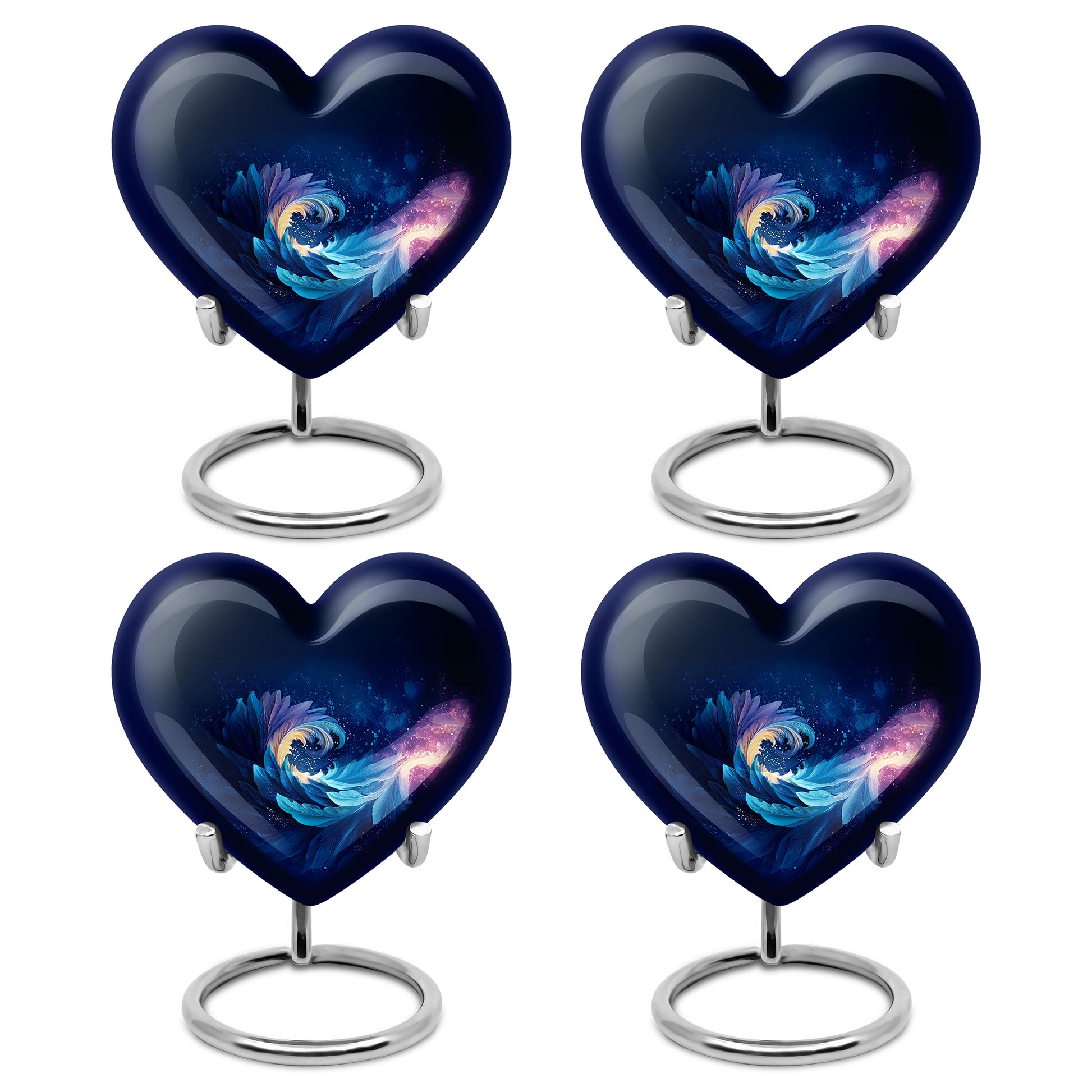 Steel Blue Blue Cremation Urn angled view of lid and engraved motif - compassionate heart-blue combination with gentle curves - 10 inch aluminum urn for cremated remains