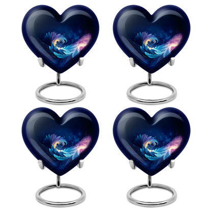 Steel Blue Blue Cremation Urn angled view of lid and engraved motif - compassionate heart-blue combination with gentle curves - 10 inch aluminum urn for cremated remains