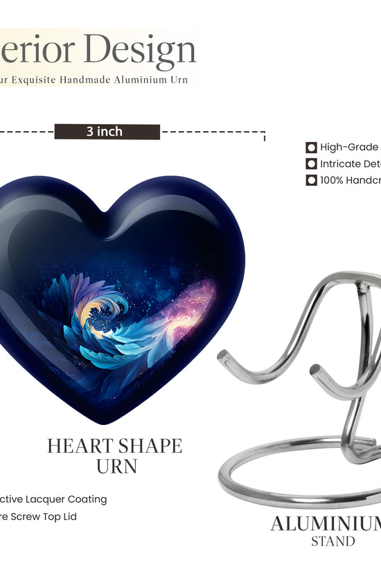 Cobalt Blue Blue Cremation Urn front view showing detailed design - romantic heart urn with blue motif on aluminum - mini keepsake memorial for portion of cremation ashes