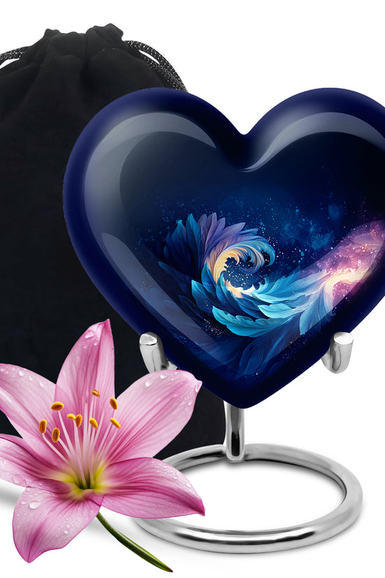 Steel Blue Blue Cremation Urn detail view - romantic heart urn with blue motif on aluminum - full-size 10 inch 200 cubic inch adult cremation urn
