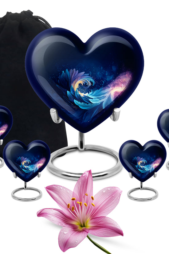 Indigo Blue Cremation Urn close-up of engraving and surface detail - heart-shaped blue design symbolizing eternal love - memorial set with one large and four small urns