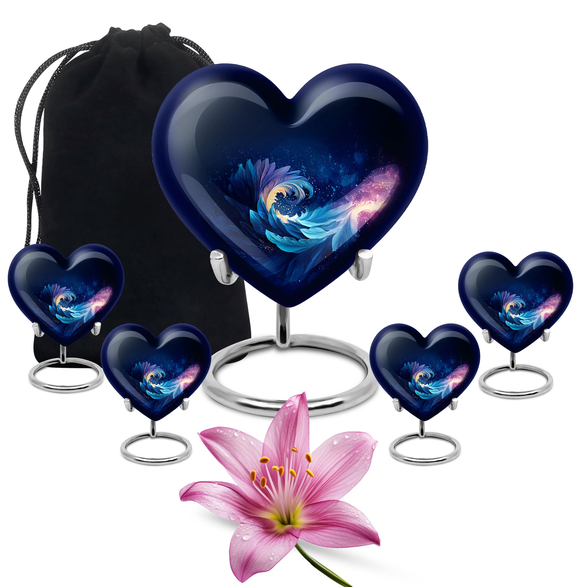 Indigo Blue Cremation Urn close-up of engraving and surface detail - heart-shaped blue design symbolizing eternal love - memorial set with one large and four small urns