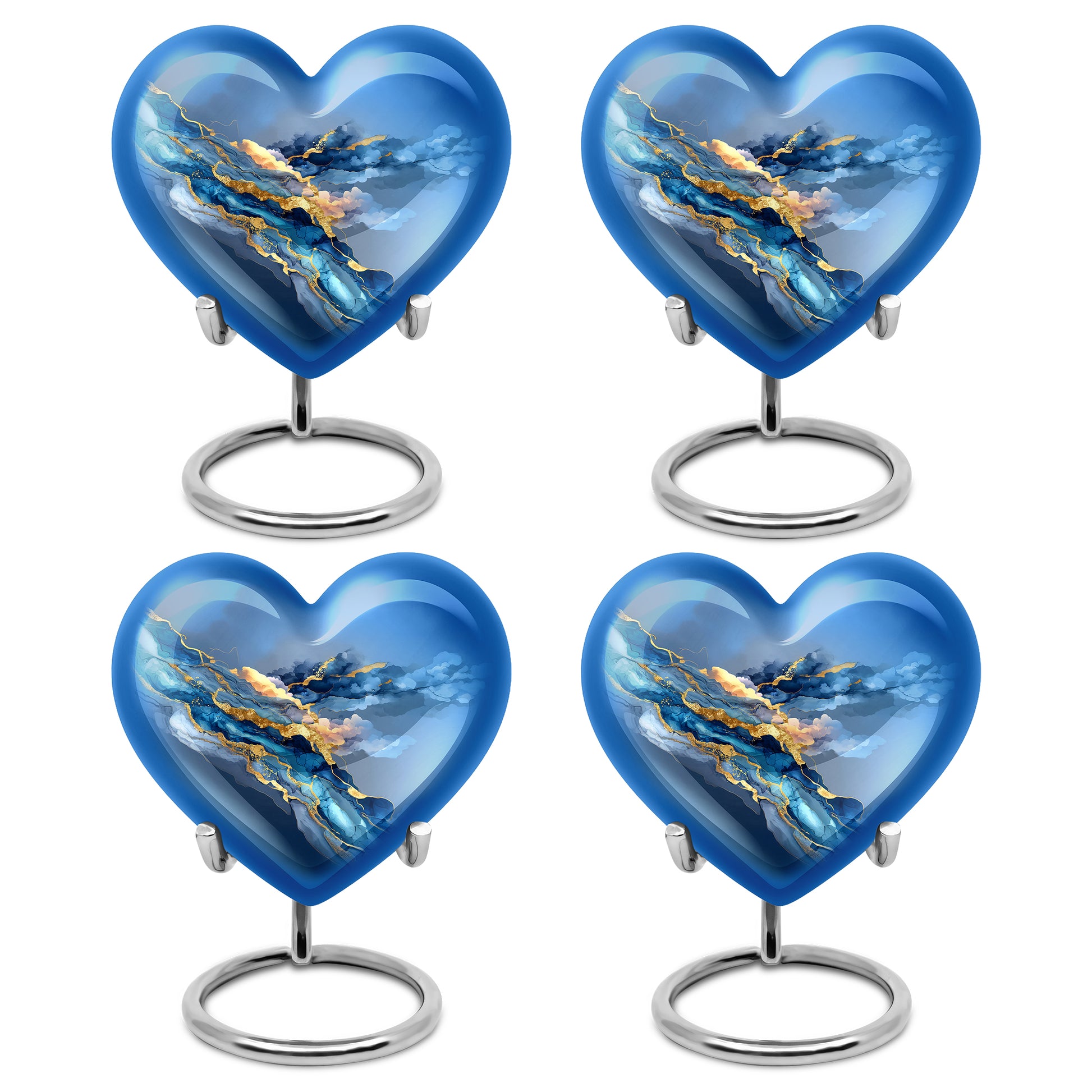 Pastel Blue Blue Cremation Urn angled view of lid and engraved motif - heart-shaped blue design symbolizing eternal love - 10 inch aluminum urn for cremated remains