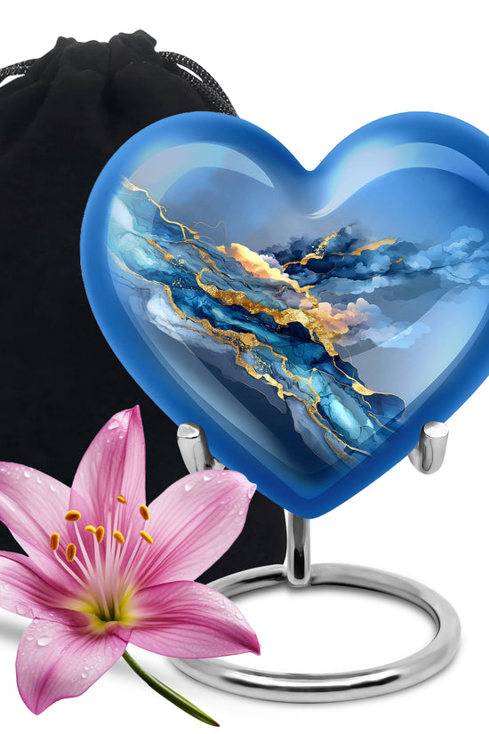 Bright Blue Blue Cremation Urn detail view - romantic heart urn with blue motif on aluminum - full-size 10 inch 200 cubic inch adult cremation urn