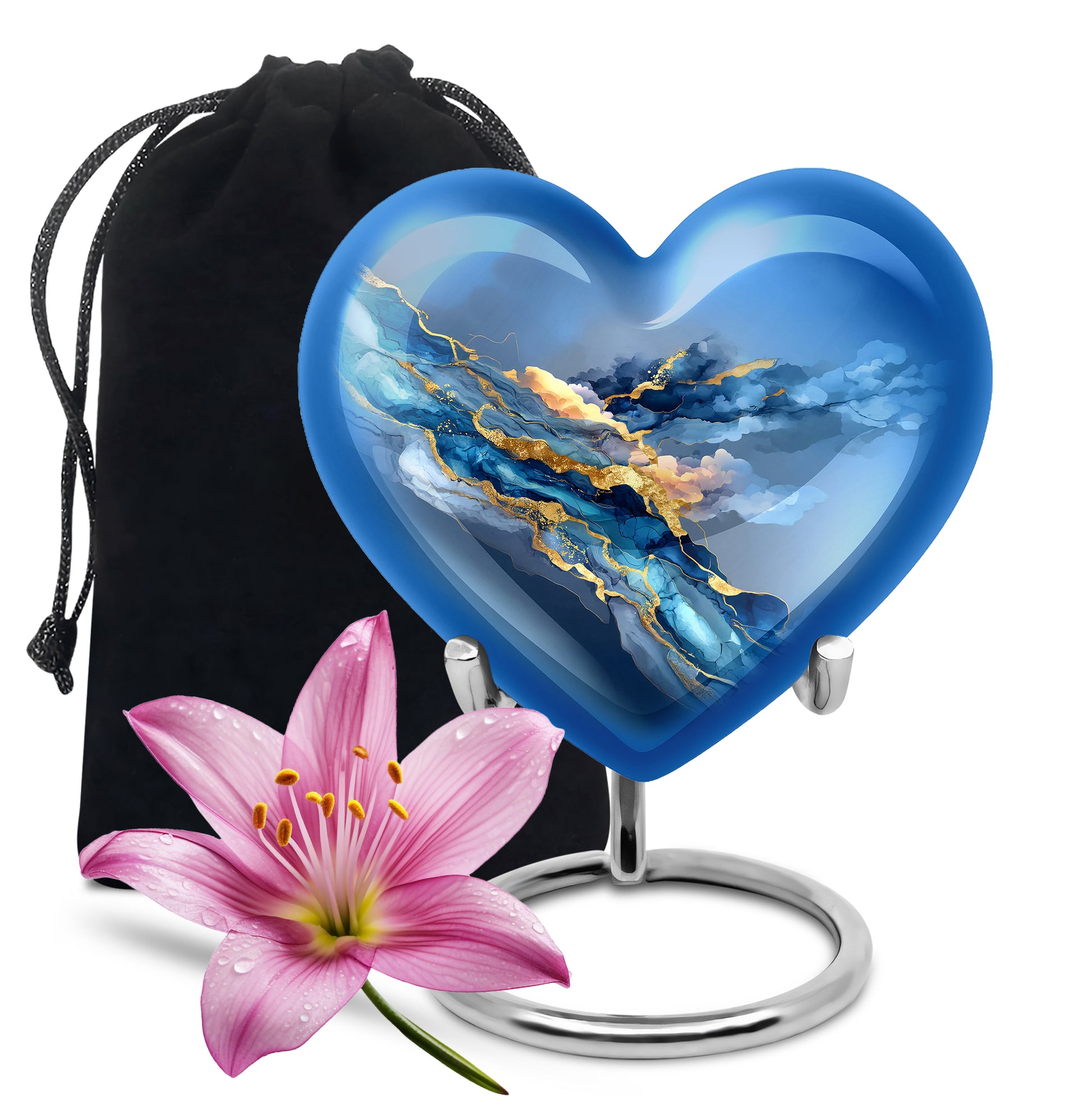 Bright Blue Blue Cremation Urn detail view - romantic heart urn with blue motif on aluminum - full-size 10 inch 200 cubic inch adult cremation urn