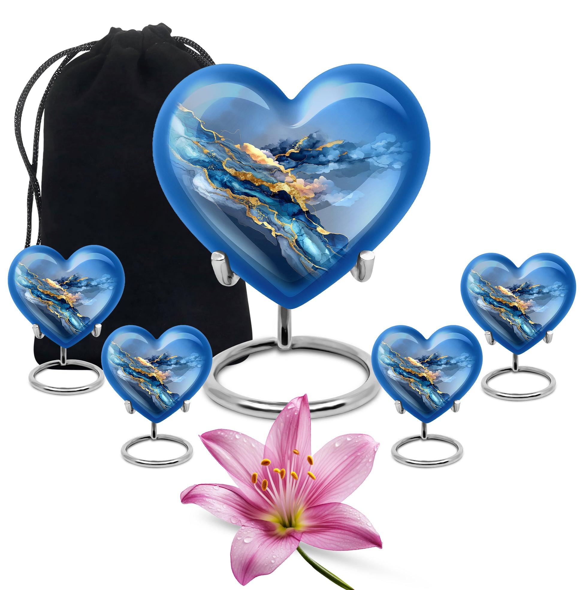 Icy Blue Blue Cremation Urn close-up of engraving and surface detail - heart-shaped blue design symbolizing eternal love - memorial set with one large and four small urns