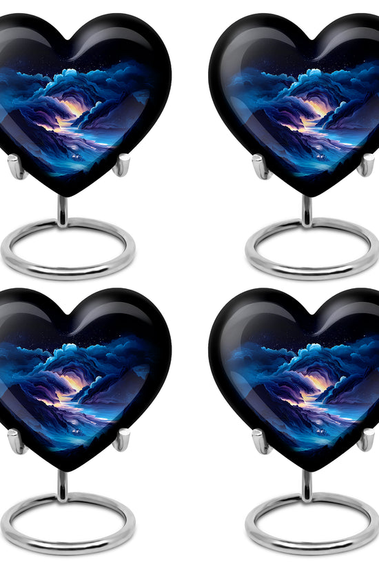 Misty Blue Blue Cremation Urn angled view of lid and engraved motif - heart-shaped blue design symbolizing eternal love - 10 inch aluminum urn for cremated remains