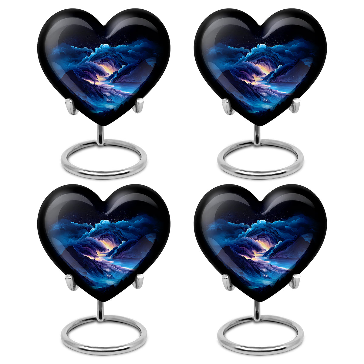 Misty Blue Blue Cremation Urn angled view of lid and engraved motif - heart-shaped blue design symbolizing eternal love - 10 inch aluminum urn for cremated remains