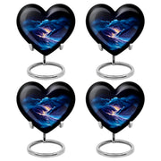 Misty Blue Blue Cremation Urn angled view of lid and engraved motif - heart-shaped blue design symbolizing eternal love - 10 inch aluminum urn for cremated remains