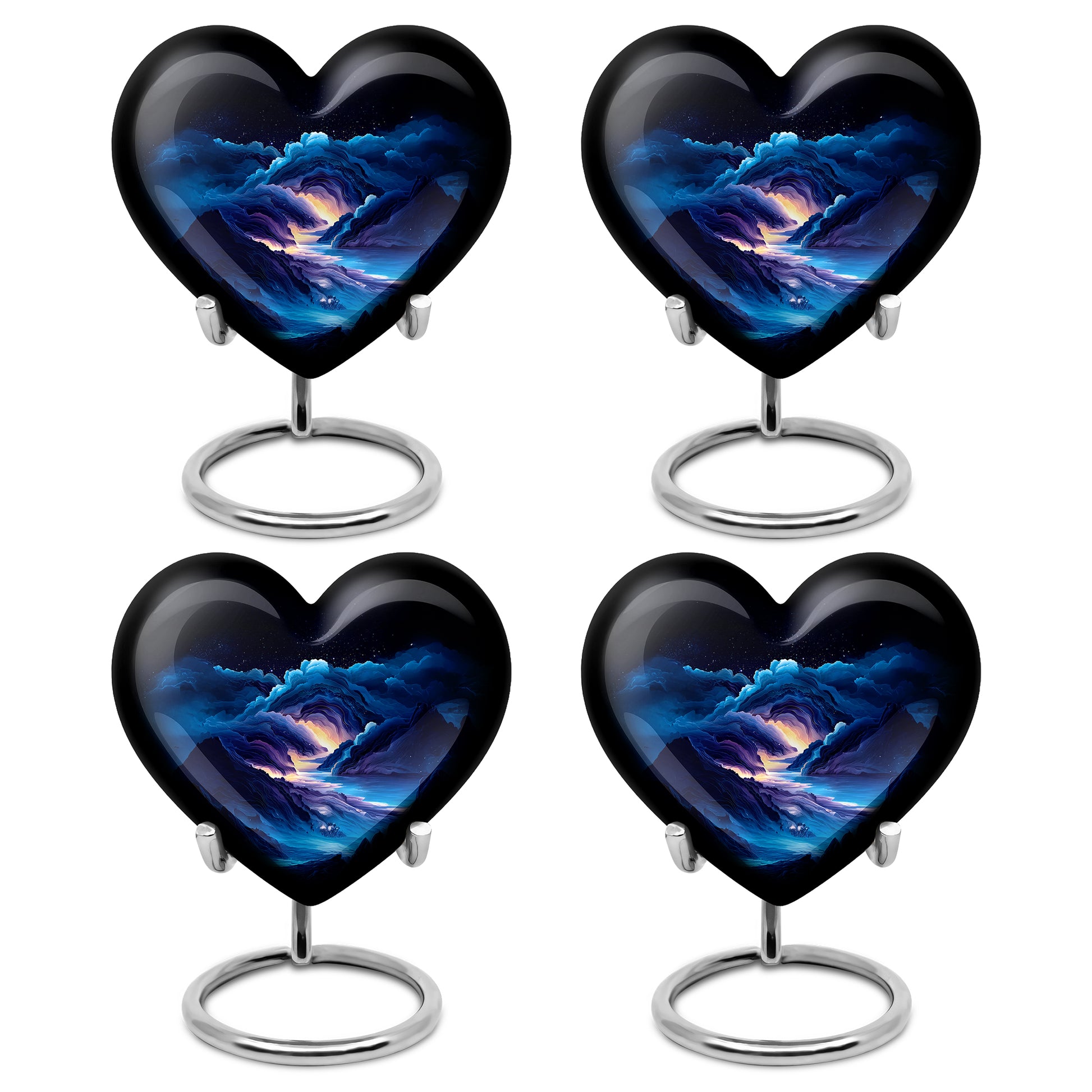 Misty Blue Blue Cremation Urn angled view of lid and engraved motif - heart-shaped blue design symbolizing eternal love - 10 inch aluminum urn for cremated remains
