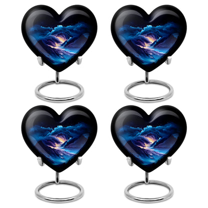 Misty Blue Blue Cremation Urn angled view of lid and engraved motif - heart-shaped blue design symbolizing eternal love - 10 inch aluminum urn for cremated remains
