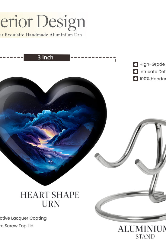 Steel Blue Blue Cremation Urn front view showing detailed design - romantic heart urn with blue motif on aluminum - mini keepsake memorial for portion of cremation ashes