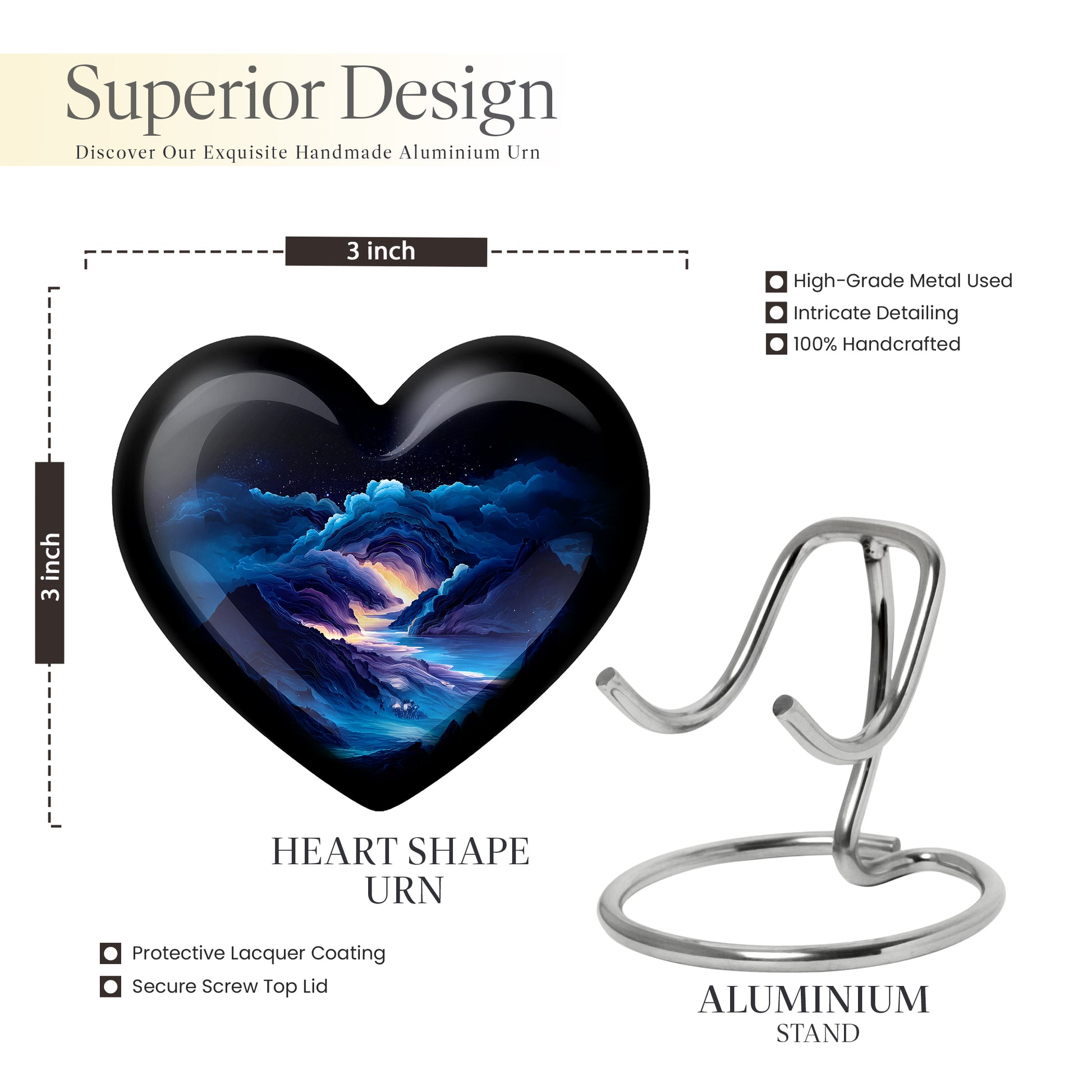 Steel Blue Blue Cremation Urn front view showing detailed design - romantic heart urn with blue motif on aluminum - mini keepsake memorial for portion of cremation ashes