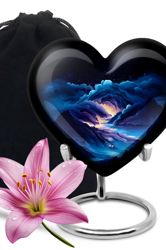 Twilight Blue Blue Cremation Urn detail view - romantic heart urn with blue motif on aluminum - full-size 10 inch 200 cubic inch adult cremation urn