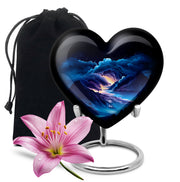 Twilight Blue Blue Cremation Urn detail view - romantic heart urn with blue motif on aluminum - full-size 10 inch 200 cubic inch adult cremation urn