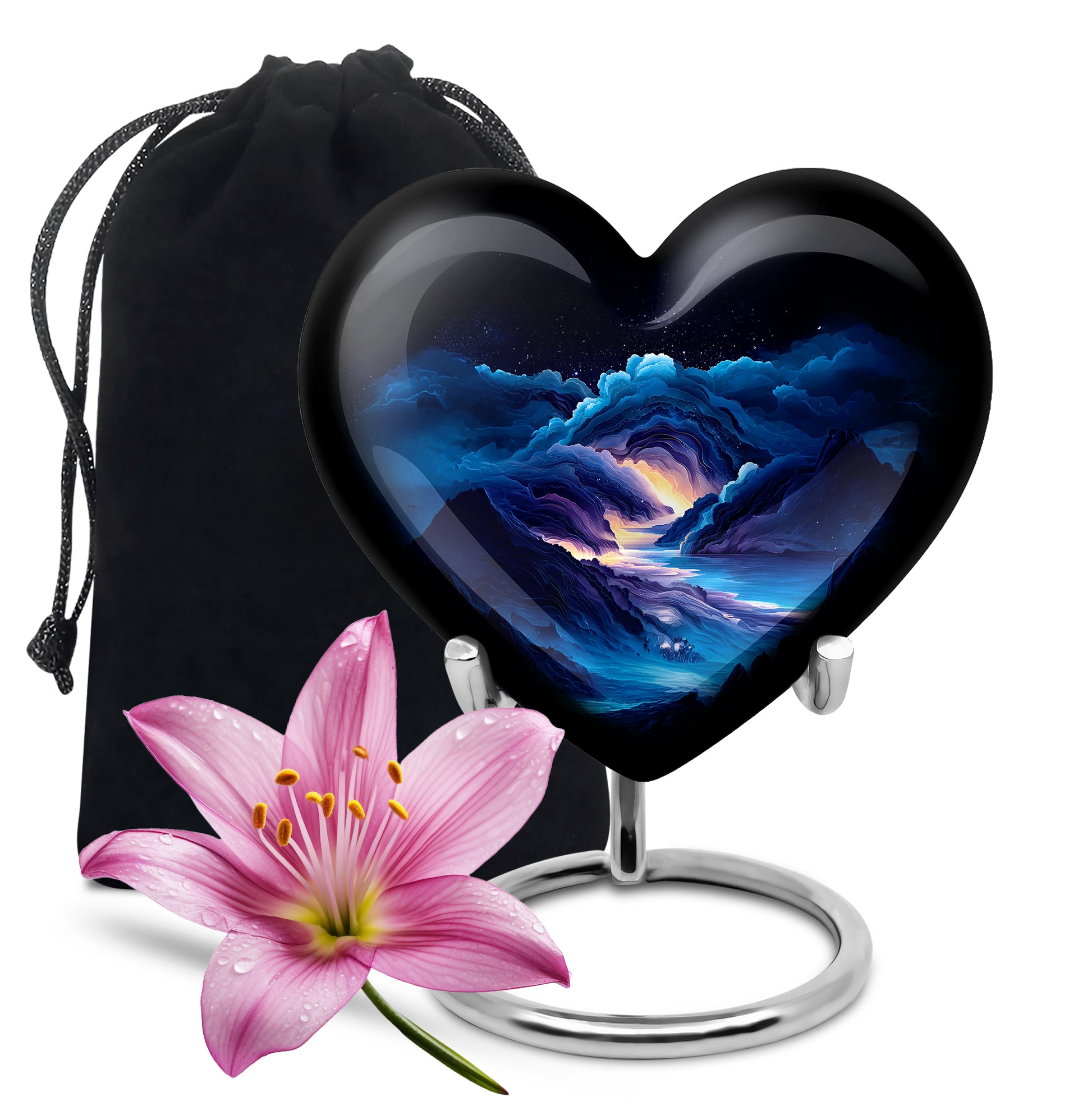 Twilight Blue Blue Cremation Urn detail view - romantic heart urn with blue motif on aluminum - full-size 10 inch 200 cubic inch adult cremation urn