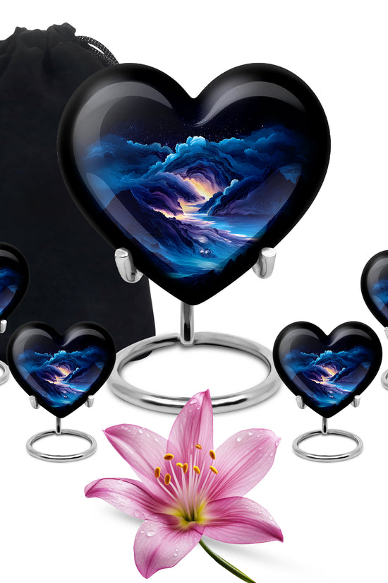 Icy Blue Blue Cremation Urn close-up of engraving and surface detail - loving heart memorial featuring blue pattern - memorial set with one large and four small urns