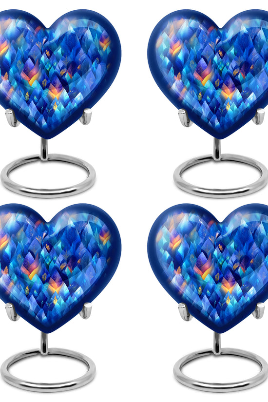 Soft Blue Blue Cremation Urn angled view of lid and engraved motif - compassionate heart-blue combination with gentle curves - 10 inch aluminum urn for cremated remains