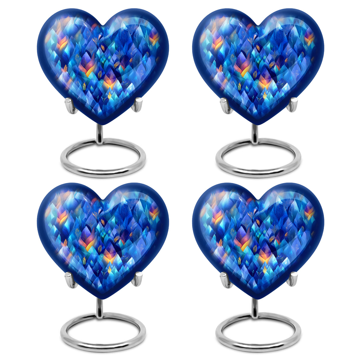 Soft Blue Blue Cremation Urn angled view of lid and engraved motif - compassionate heart-blue combination with gentle curves - 10 inch aluminum urn for cremated remains