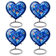 Soft Blue Blue Cremation Urn angled view of lid and engraved motif - compassionate heart-blue combination with gentle curves - 10 inch aluminum urn for cremated remains