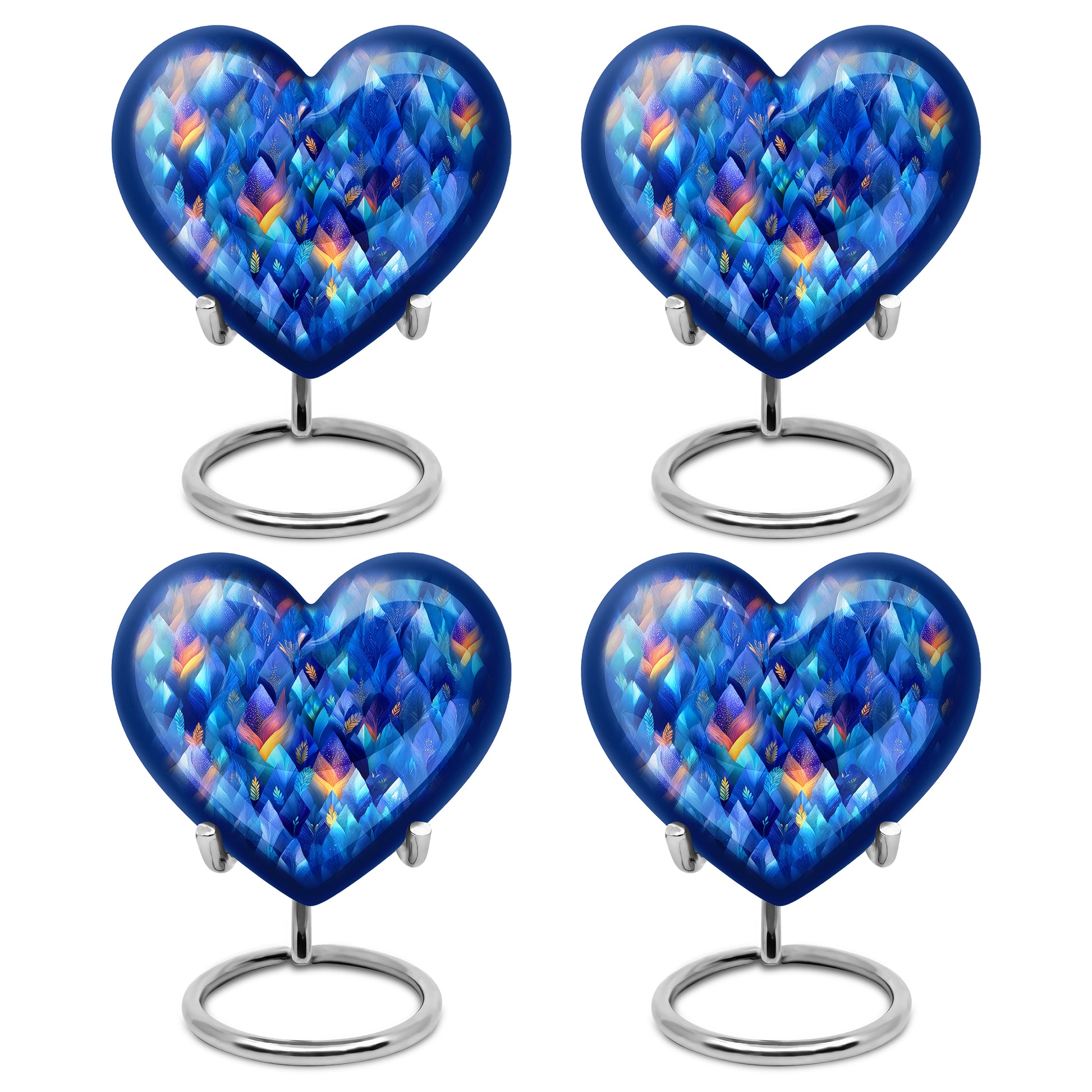Soft Blue Blue Cremation Urn angled view of lid and engraved motif - compassionate heart-blue combination with gentle curves - 10 inch aluminum urn for cremated remains