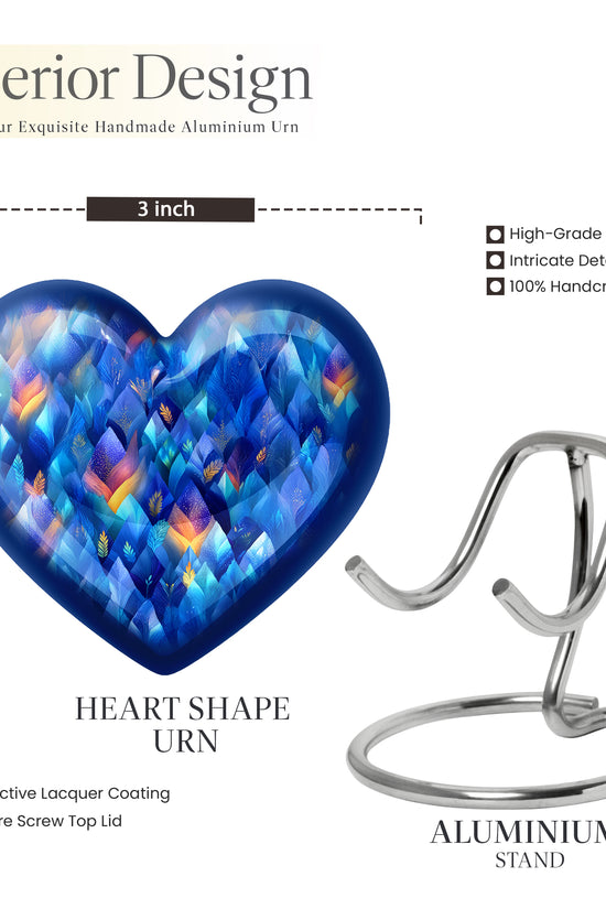 Cobalt Blue Blue Cremation Urn front view showing detailed design - compassionate heart-blue combination with gentle curves - mini keepsake memorial for portion of cremation ashes