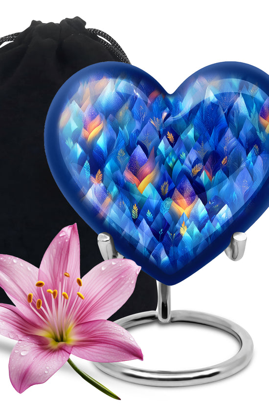 Misty Blue Blue Cremation Urn detail view - heart-shaped blue design symbolizing eternal love - full-size 10 inch 200 cubic inch adult cremation urn