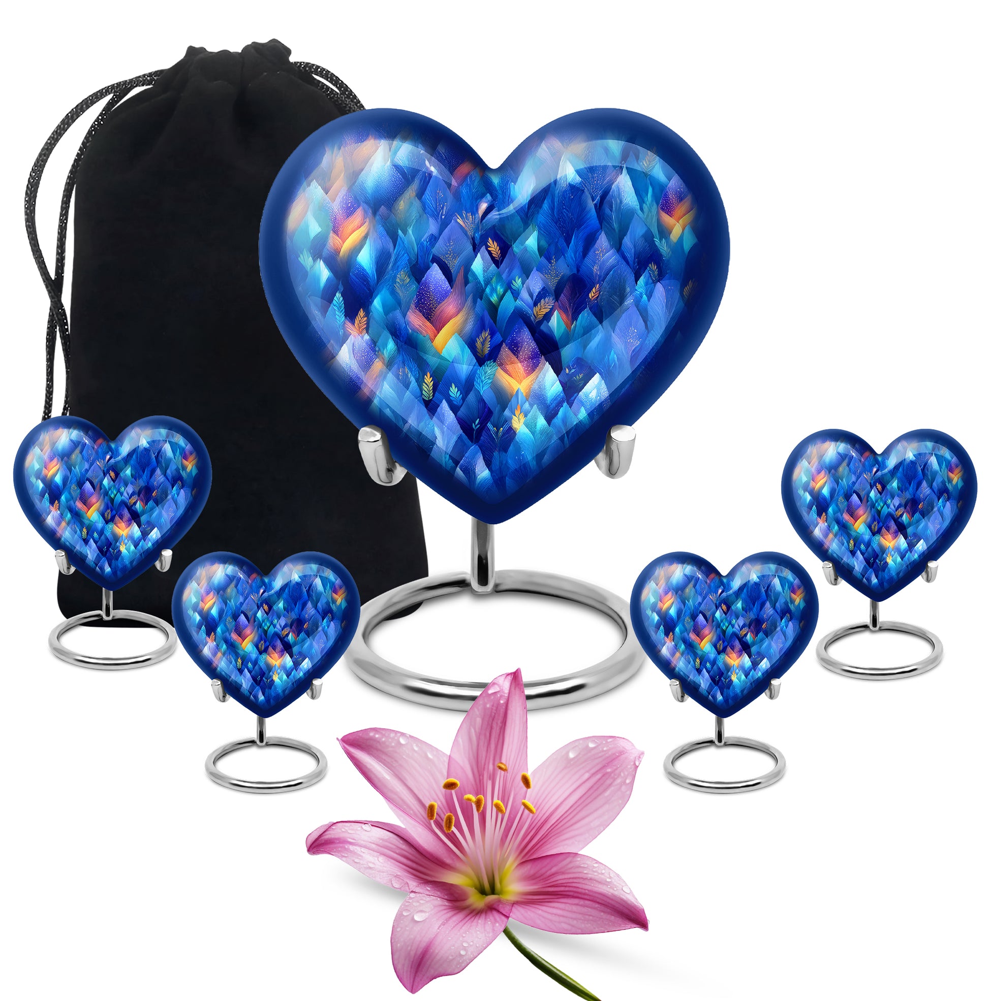 Soft Blue Blue Cremation Urn close-up of engraving and surface detail - romantic heart urn with blue motif on aluminum - memorial set with one large and four small urns