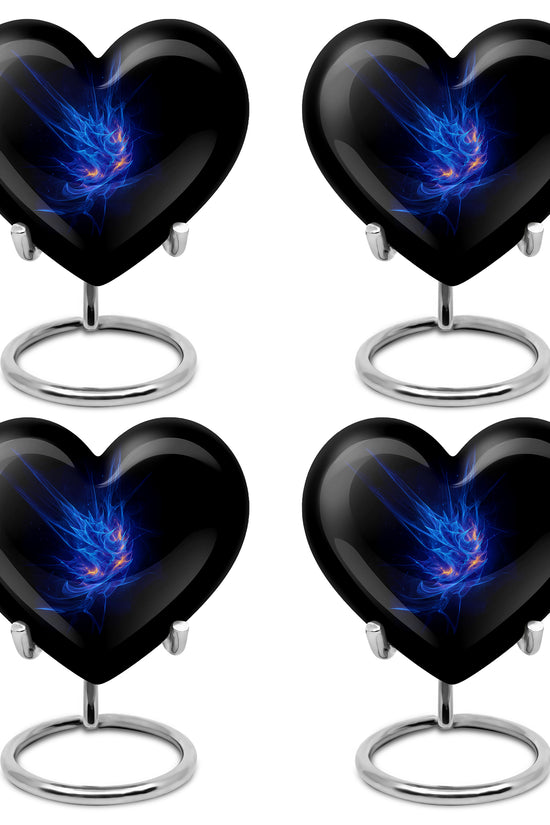 Bright Blue Blue Cremation Urn angled view of lid and engraved motif - romantic heart urn with blue motif on aluminum - 10 inch aluminum urn for cremated remains