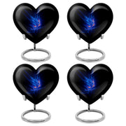 Bright Blue Blue Cremation Urn angled view of lid and engraved motif - romantic heart urn with blue motif on aluminum - 10 inch aluminum urn for cremated remains