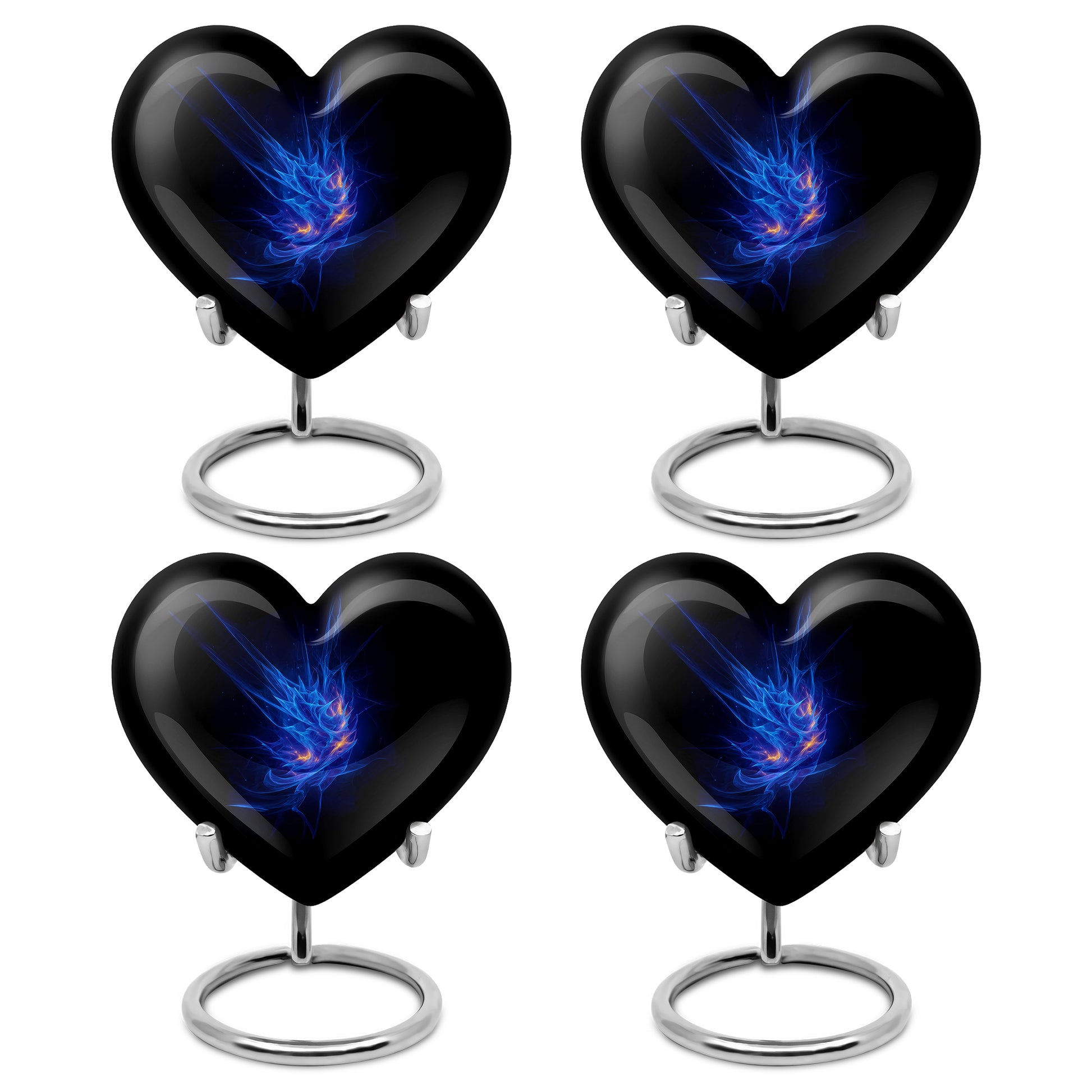 Bright Blue Blue Cremation Urn angled view of lid and engraved motif - romantic heart urn with blue motif on aluminum - 10 inch aluminum urn for cremated remains