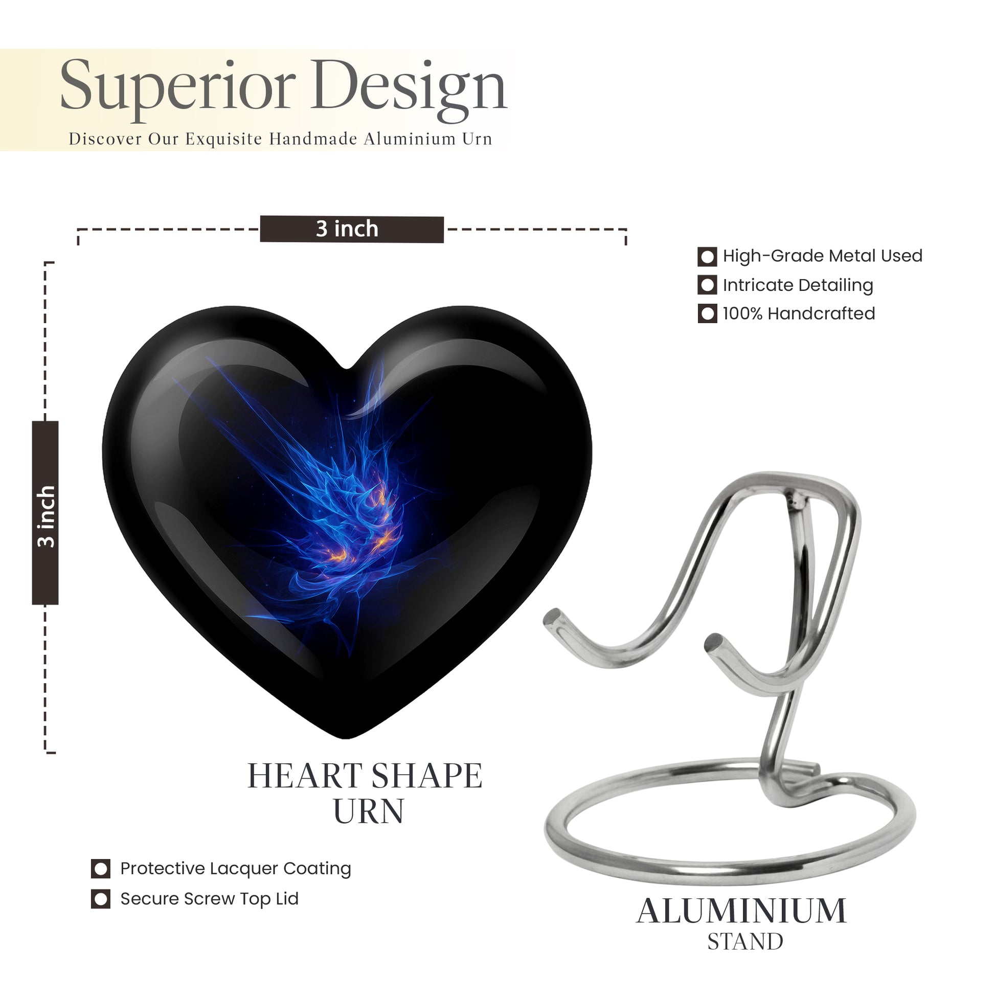 Bright Blue Blue Cremation Urn front view showing detailed design - compassionate heart-blue combination with gentle curves - mini keepsake memorial for portion of cremation ashes