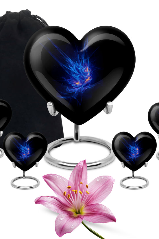 Sapphire Blue Blue Cremation Urn close-up of engraving and surface detail - romantic heart urn with blue motif on aluminum - memorial set with one large and four small urns