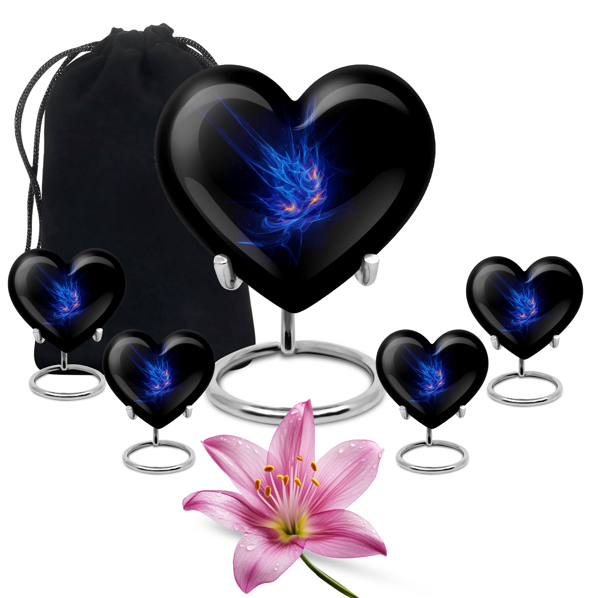 Sapphire Blue Blue Cremation Urn close-up of engraving and surface detail - romantic heart urn with blue motif on aluminum - memorial set with one large and four small urns