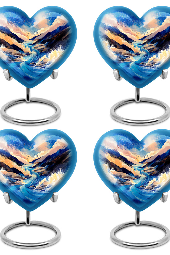 Serene Blue Blue Cremation Urn angled view of lid and engraved motif - compassionate heart-blue combination with gentle curves - 10 inch aluminum urn for cremated remains