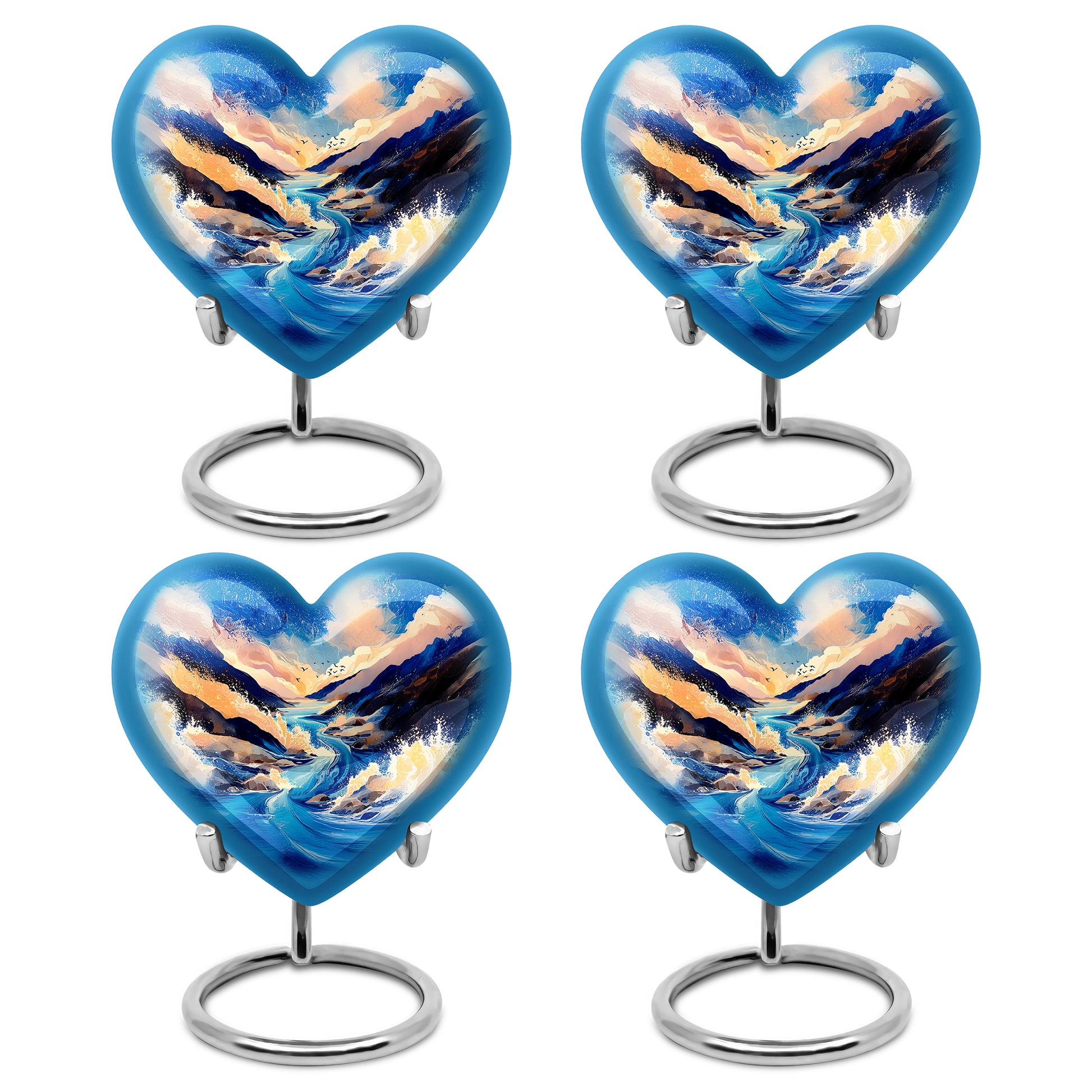 Serene Blue Blue Cremation Urn angled view of lid and engraved motif - compassionate heart-blue combination with gentle curves - 10 inch aluminum urn for cremated remains