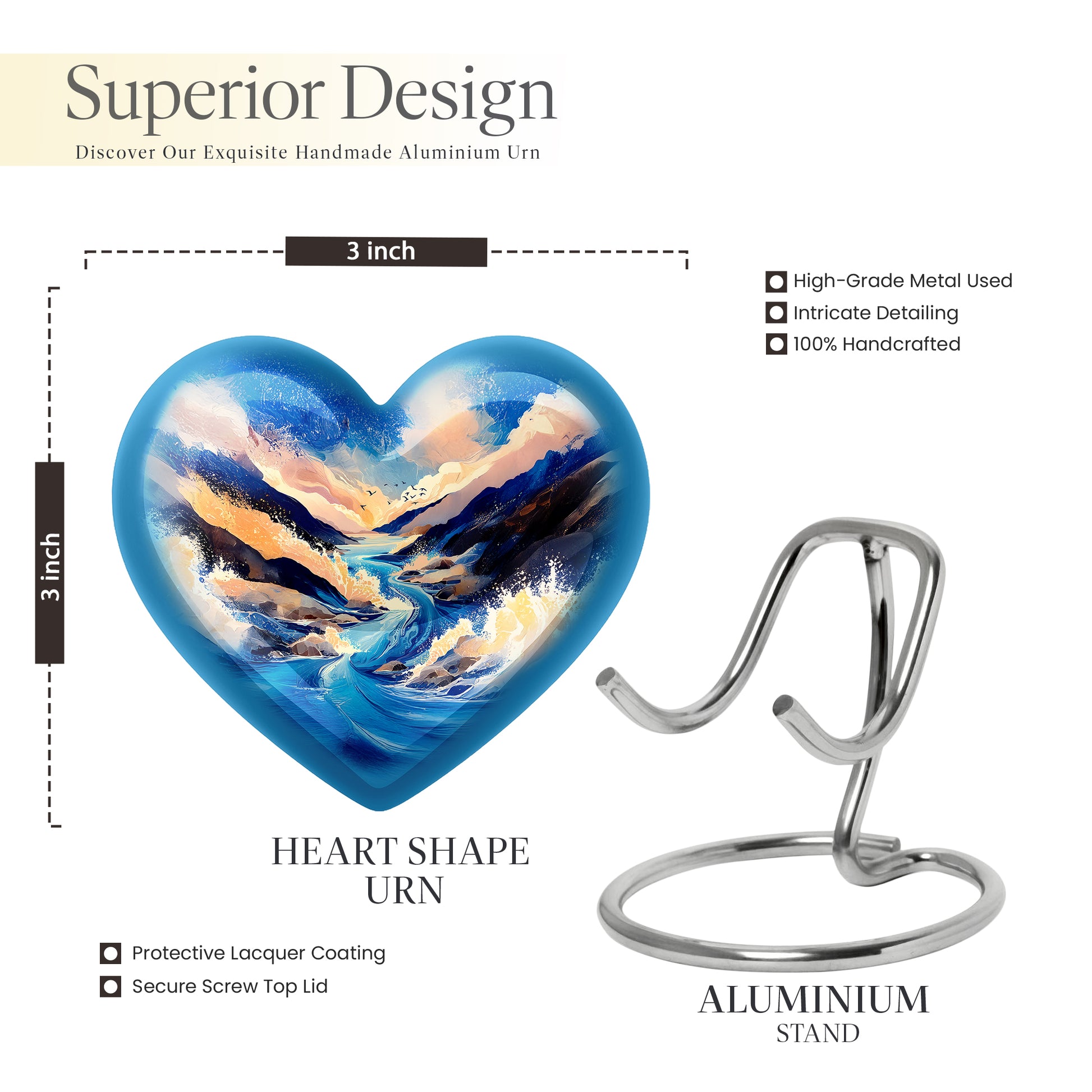 Vivid Blue Blue Cremation Urn front view showing detailed design - compassionate heart-blue combination with gentle curves - mini keepsake memorial for portion of cremation ashes