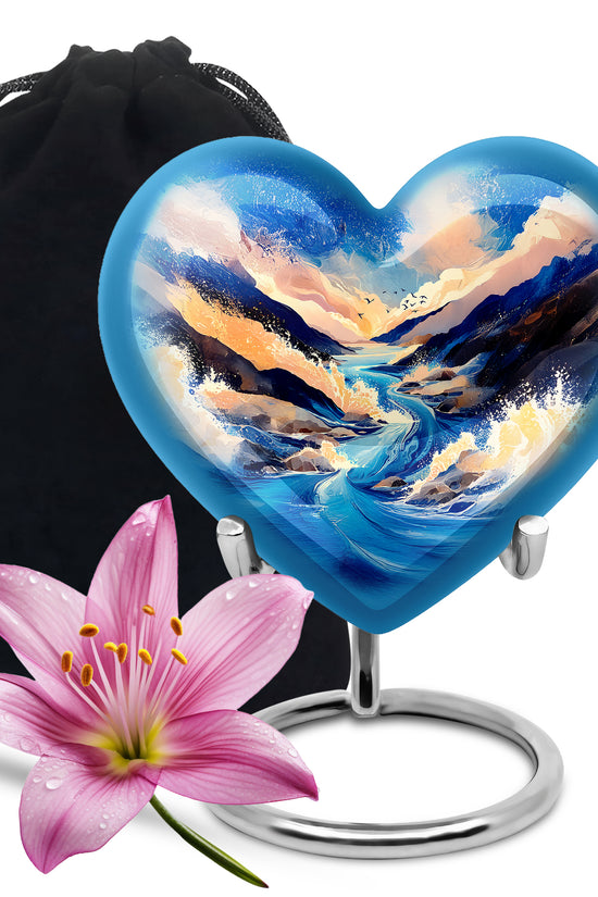 Indigo Blue Cremation Urn detail view - heart-shaped blue design symbolizing eternal love - full-size 10 inch 200 cubic inch adult cremation urn