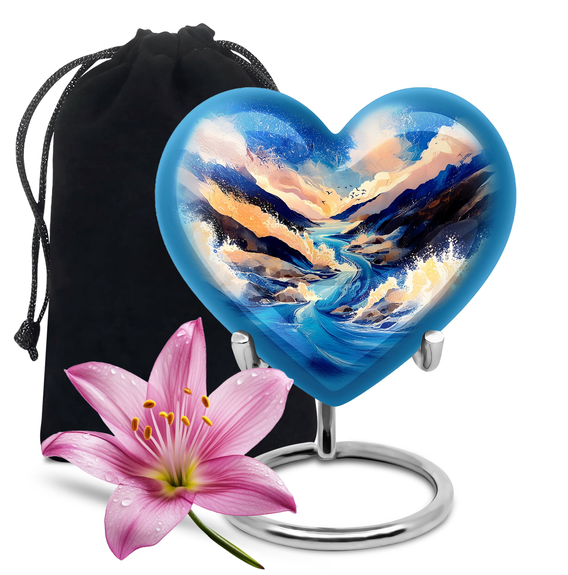 Indigo Blue Cremation Urn detail view - heart-shaped blue design symbolizing eternal love - full-size 10 inch 200 cubic inch adult cremation urn